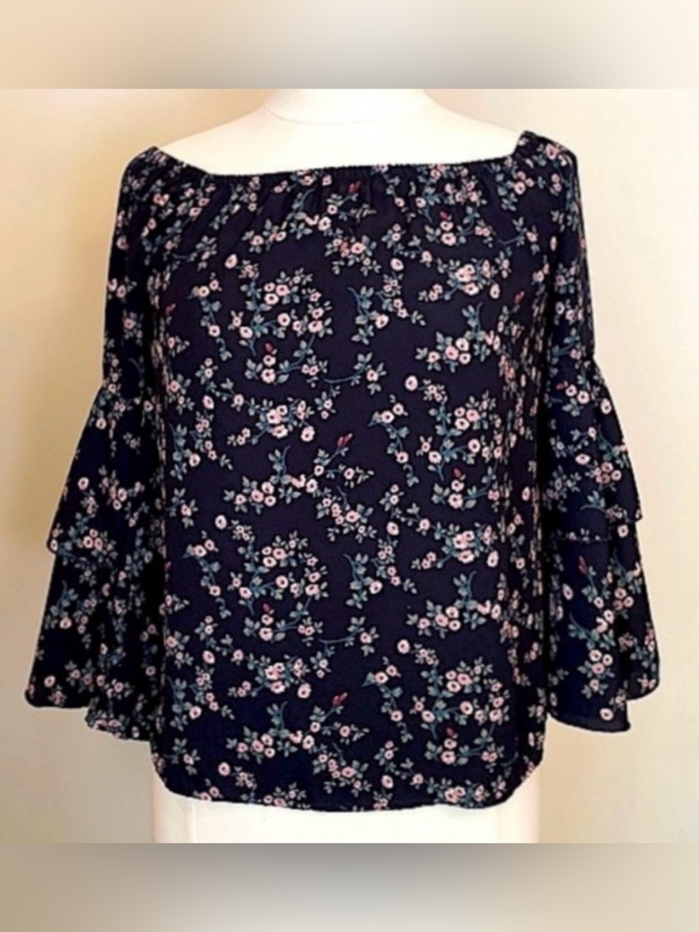 Oddy Navy Blue Ditsy Floral Print SZ S Boho Romantic Cottagecore Peasant Top